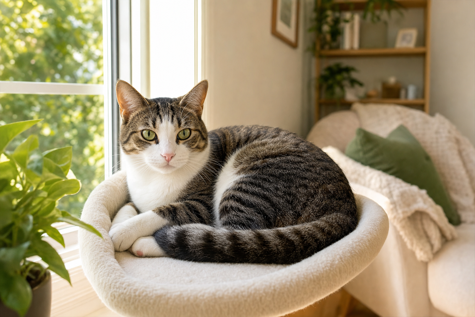 A tabby and white cat curled up resting in a soft window perch bed beside a sunny window with greenery outside