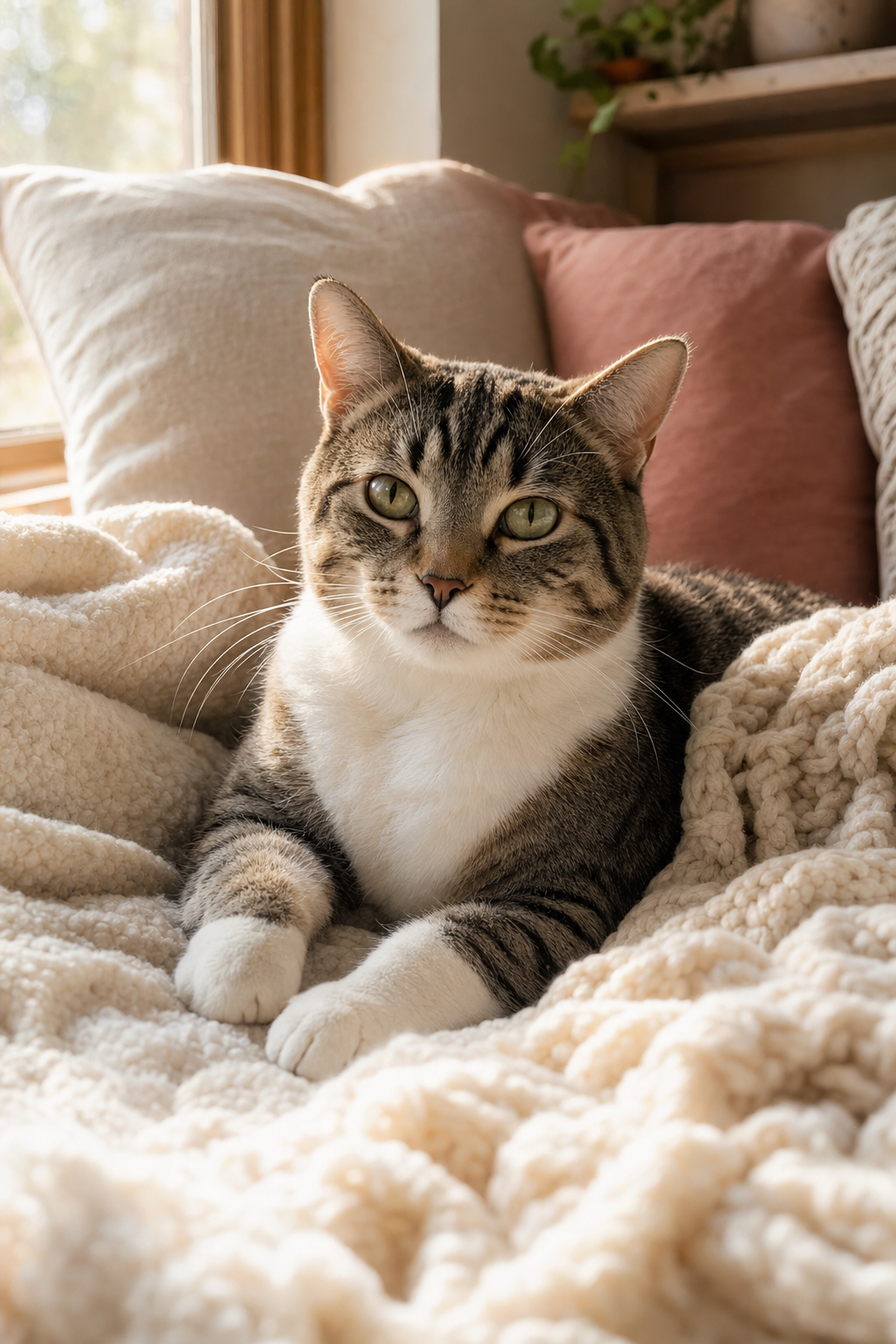 A tabby and white cat lounges contentedly on a cozy cream blanket surrounded by soft pillows in warm sunlight