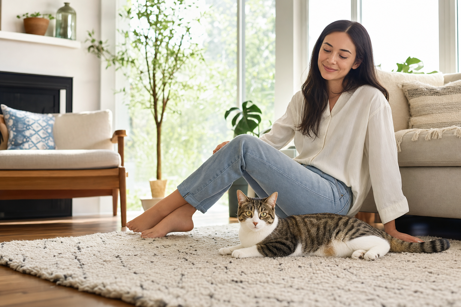 Woman sits smiling on the floor beside a couch while an adult tabby cat rests on a rug in a sunlit living room