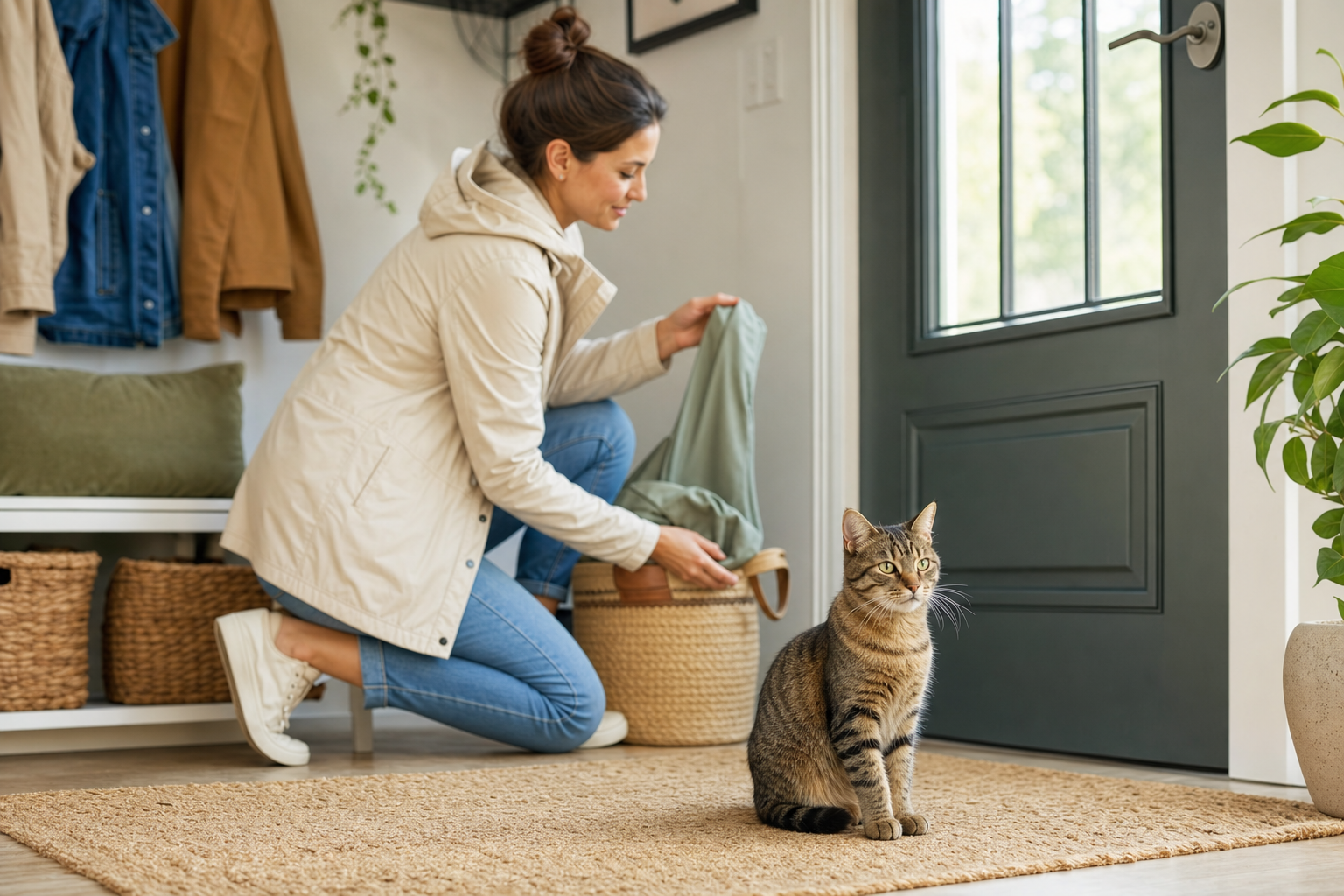 Woman kneels in a bright entryway setting down a bag while a tabby cat sits calmly on the rug by the front door