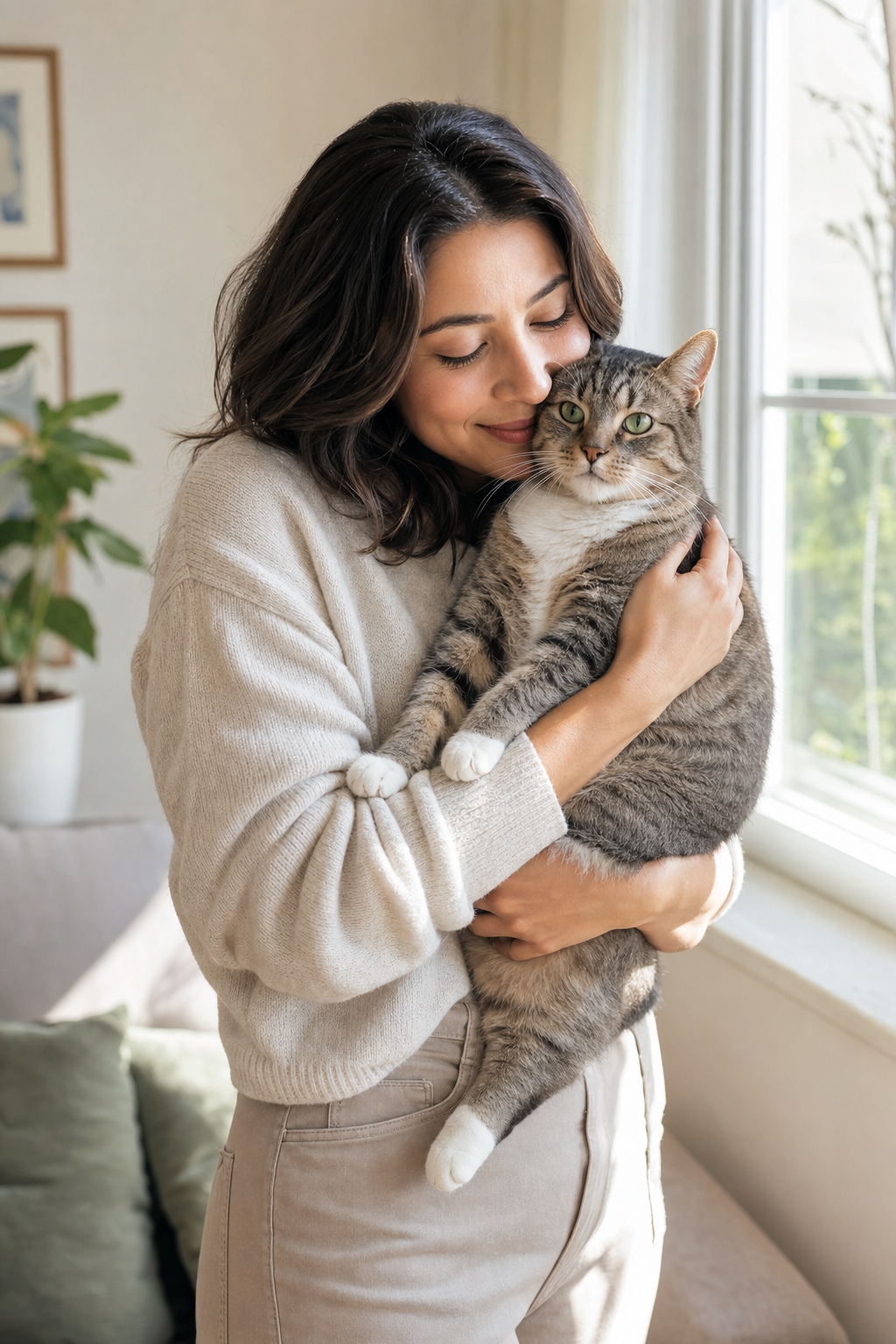 Woman with dark hair smiles cheek-to-cheek while holding an adult gray tabby cat near a sunlit window