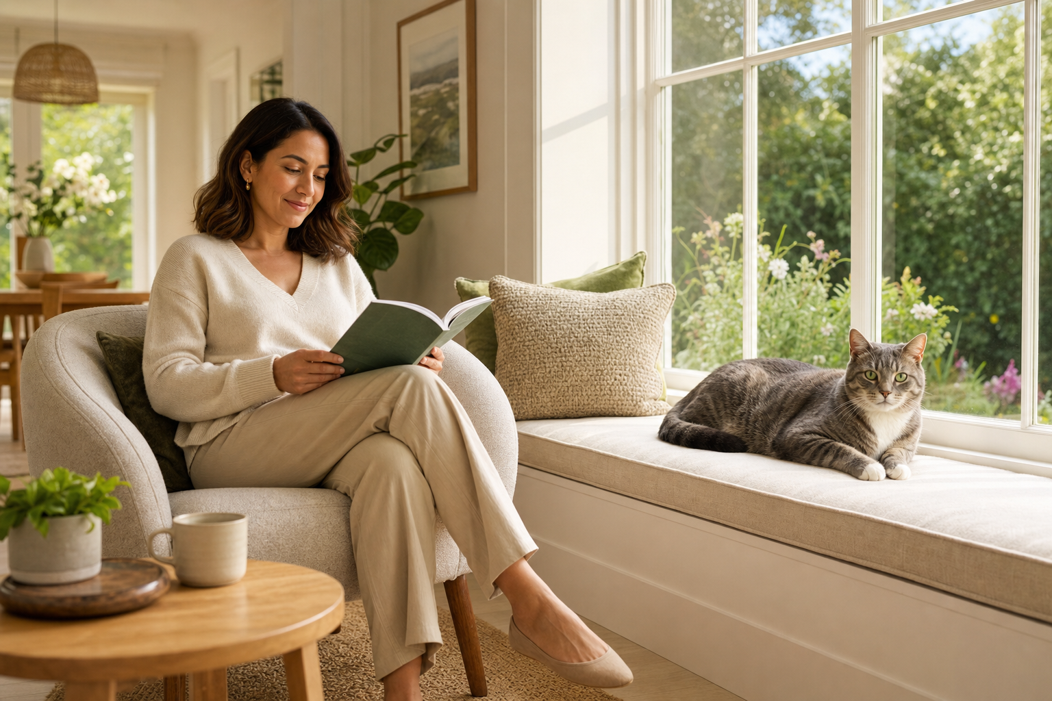 Woman reading in an armchair beside a gray tabby cat lounging on a sunny window bench overlooking a garden