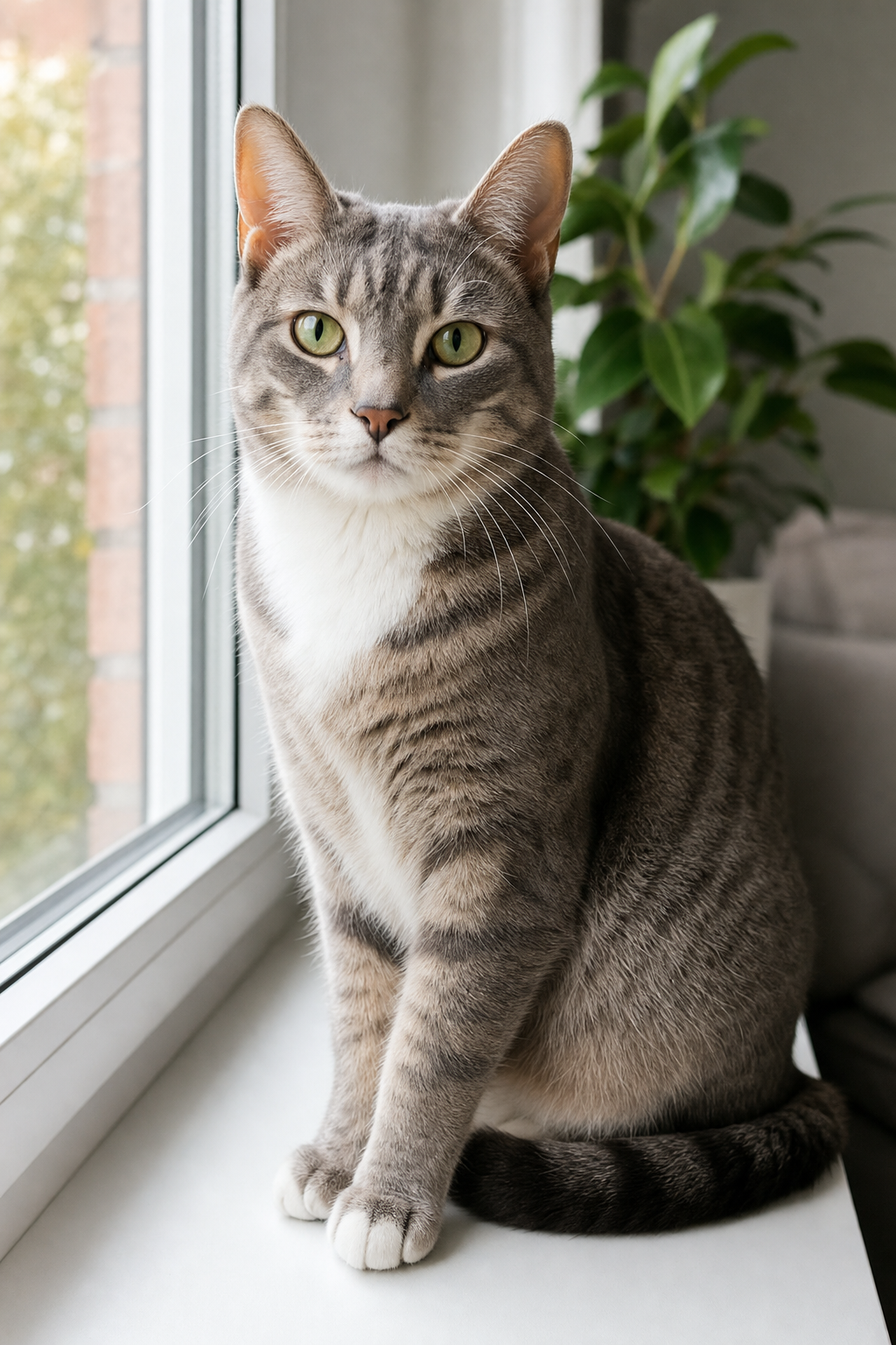 Adult gray tabby cat with white chin and chest sits alert on a sunlit windowsill beside a green houseplant