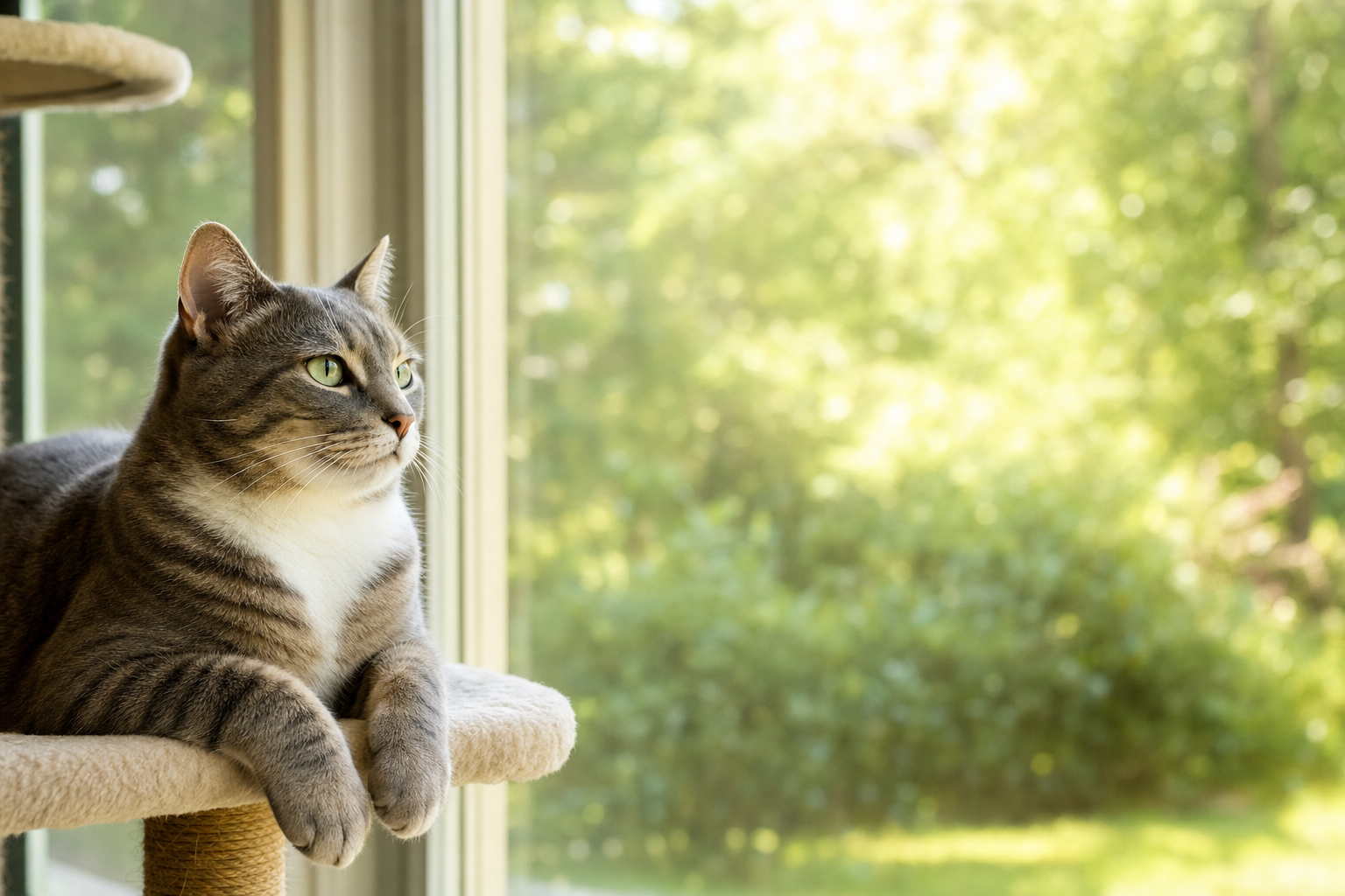 Adult gray tabby cat with white chest resting on a cat tree perch by a sunlit window, gazing at a green garden outside