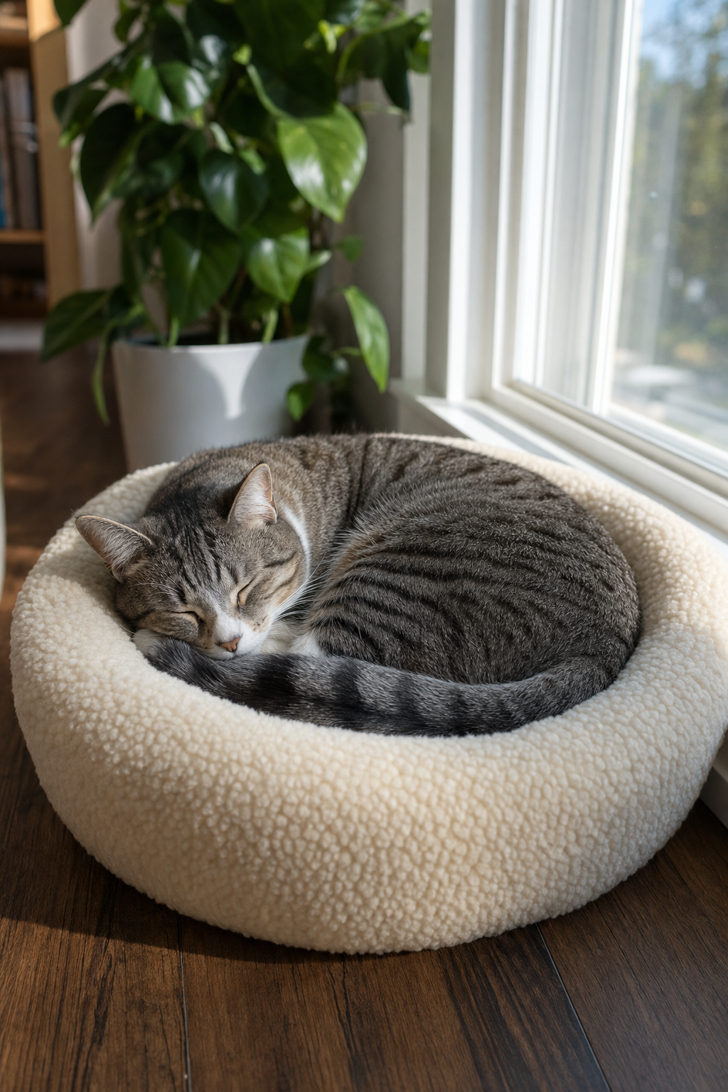 Gray tabby cat with white chin curled up asleep in a round cream pet bed by a sunny window