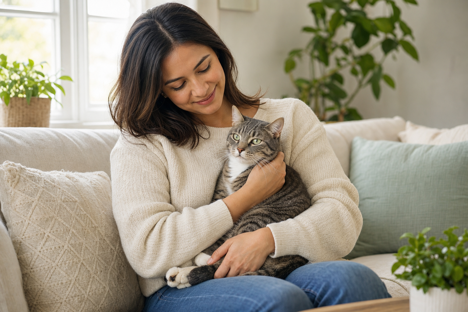 Woman in cream sweater sits on a sofa gently holding a calm gray tabby cat with white chest in a bright living room
