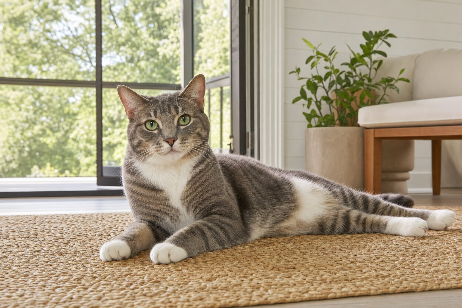 Gray tabby cat with white chest lying relaxed on a rug near an open screened porch door with green trees outside