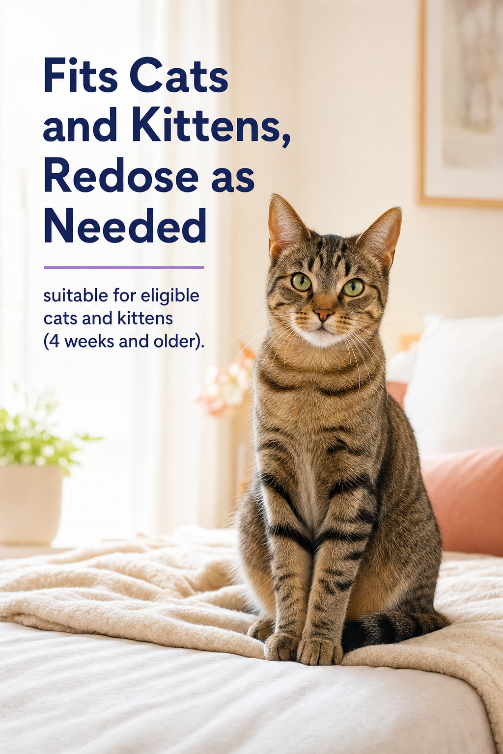 Adult tabby cat sitting upright and alert on a cozy bed with soft blankets in warm daylight