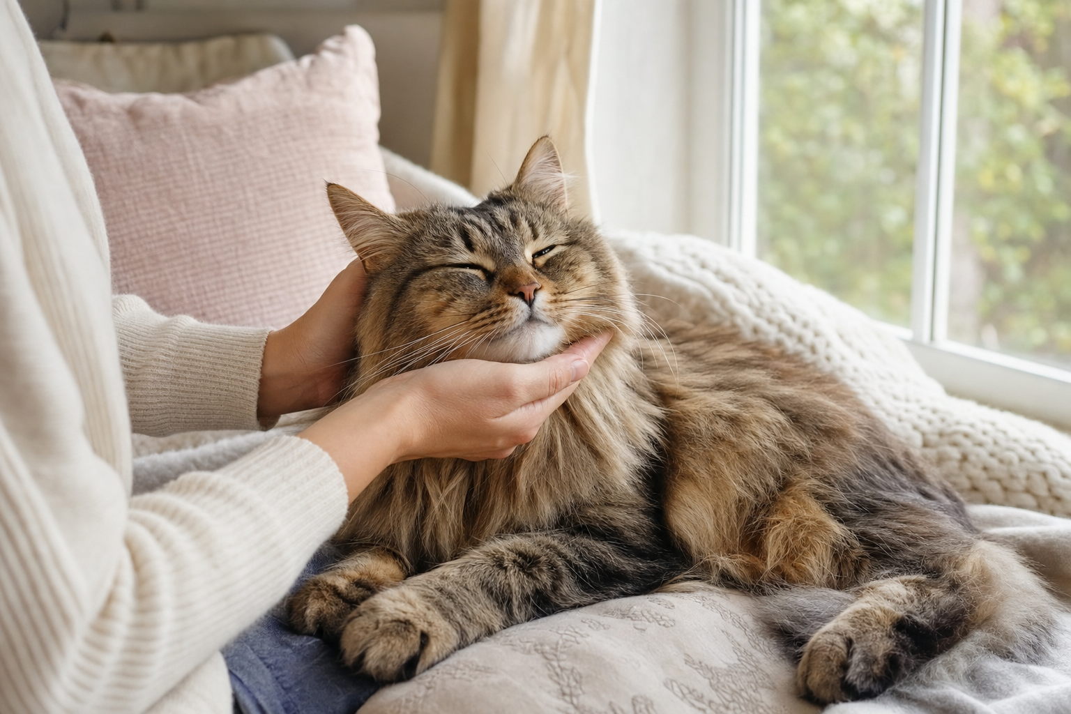 Hands gently stroke a content long-haired tabby cat resting on a cozy window-seat in soft daylight