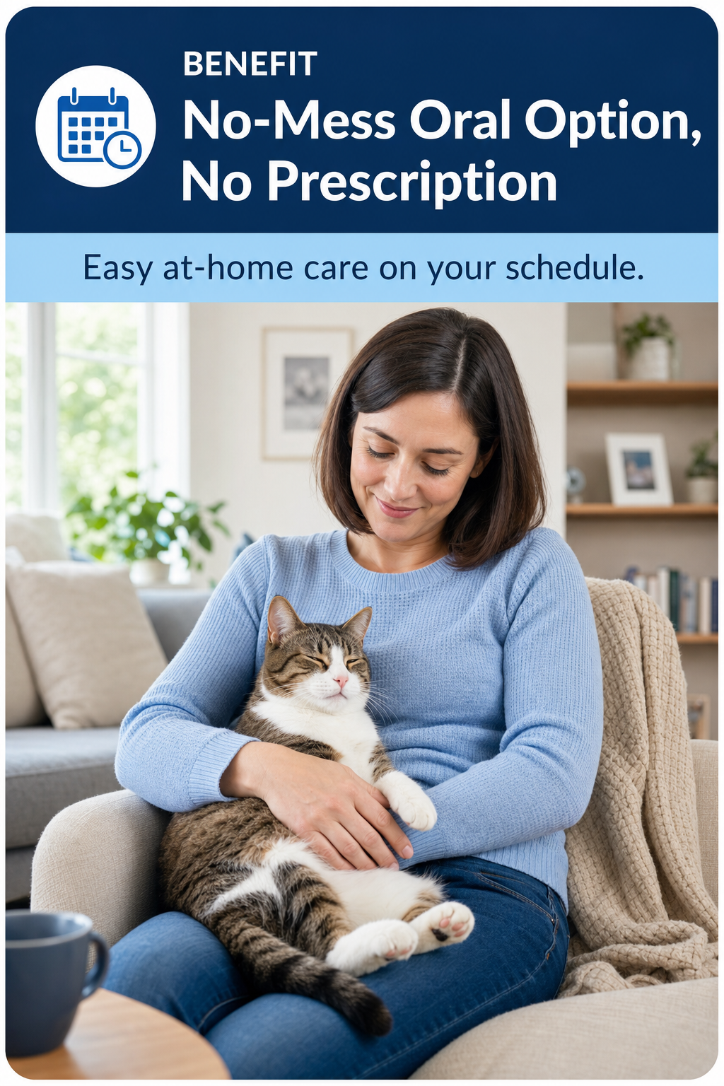 Woman sitting on a couch gently cradling a relaxed tabby-and-white cat in her lap in a bright living room