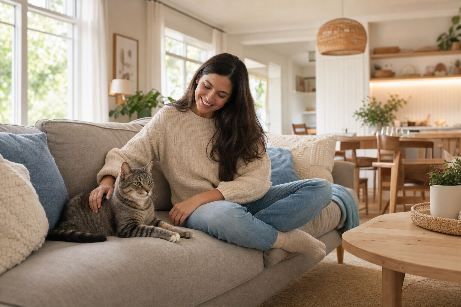 Woman smiling on a sofa gently petting a relaxed tabby cat in a bright, airy living room