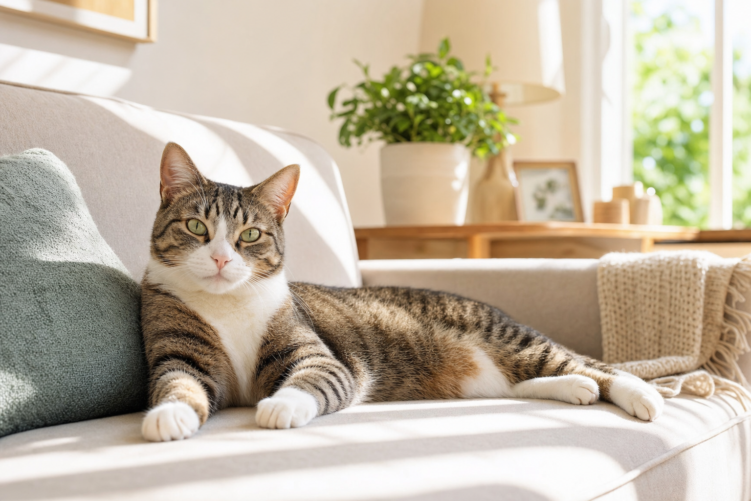 Adult tabby cat lounging relaxed on a sunlit living-room sofa with a green pillow and knit throw