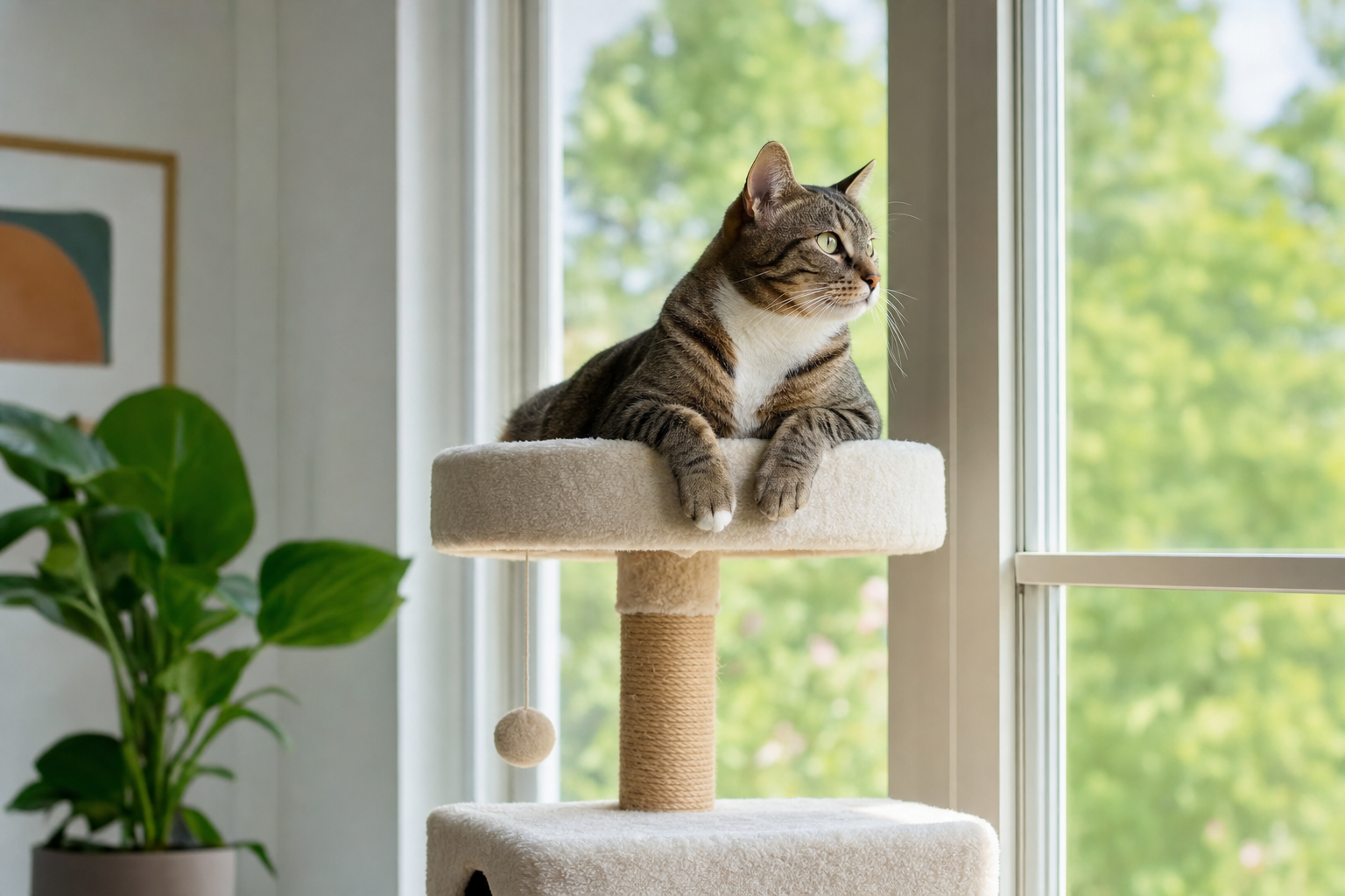 A tabby cat rests calmly atop a tall cat tree perch, looking out a sunlit window in a tidy living room.