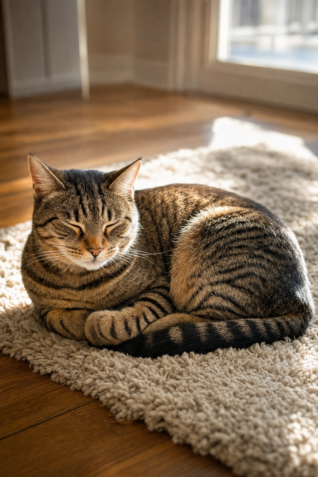A calm tabby cat curled up asleep on a soft cream rug in warm sunlight on a wooden floor