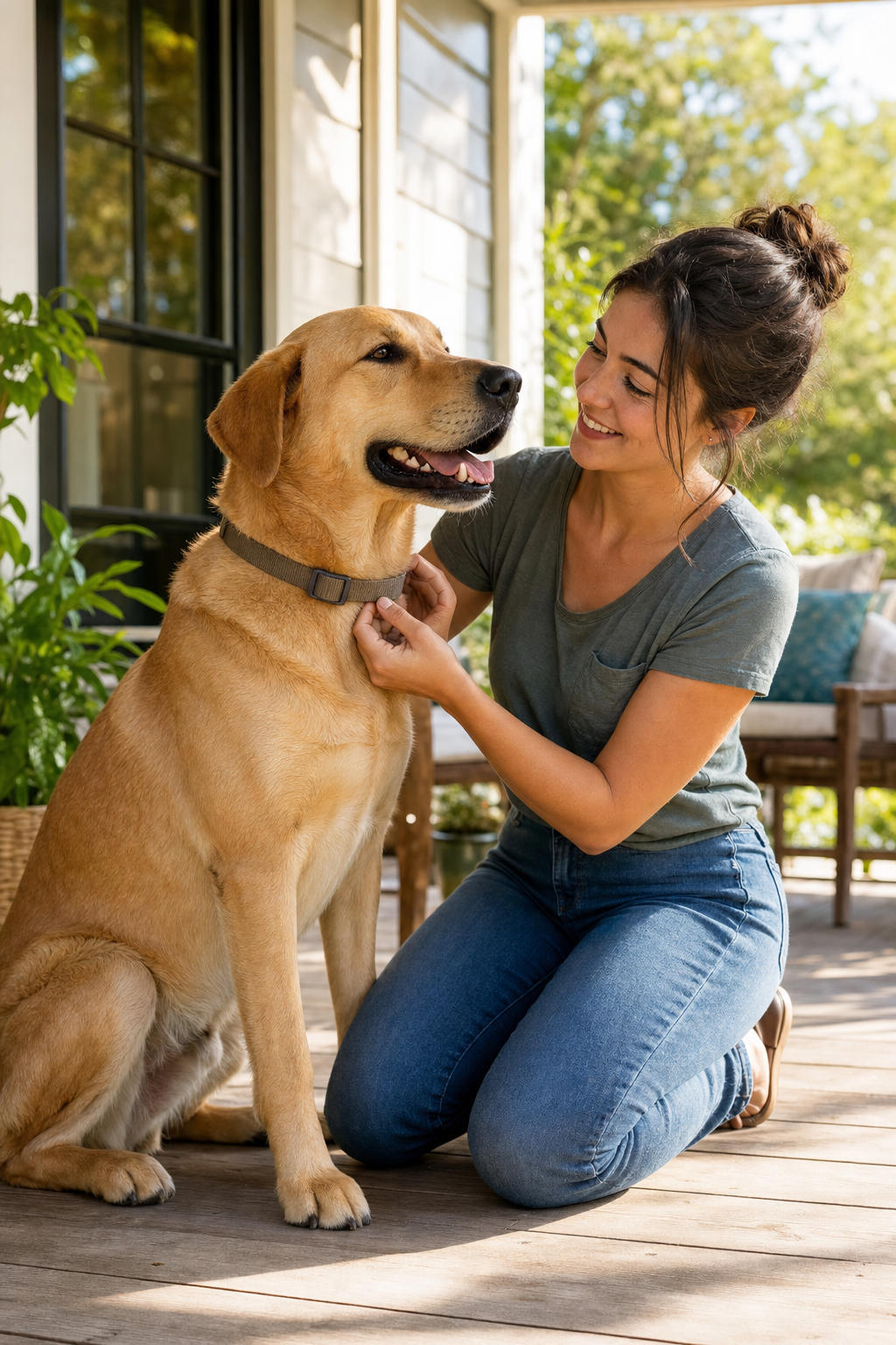 Woman kneels on a sunny porch adjusting a collar around her large golden dog's neck