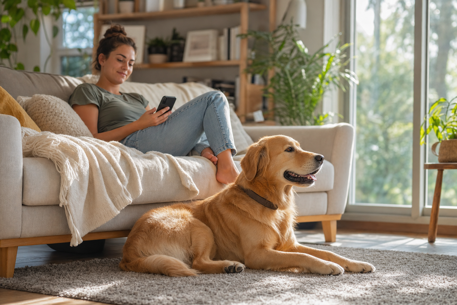 Golden dog lying calmly on a rug wearing a collar while its owner relaxes on the sofa in a sunlit living room