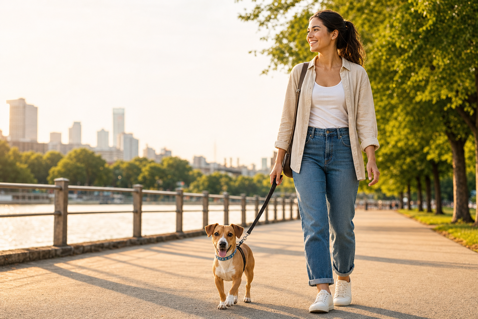 Woman smiling while walking a small tan and white dog on a sunny riverside path at golden hour