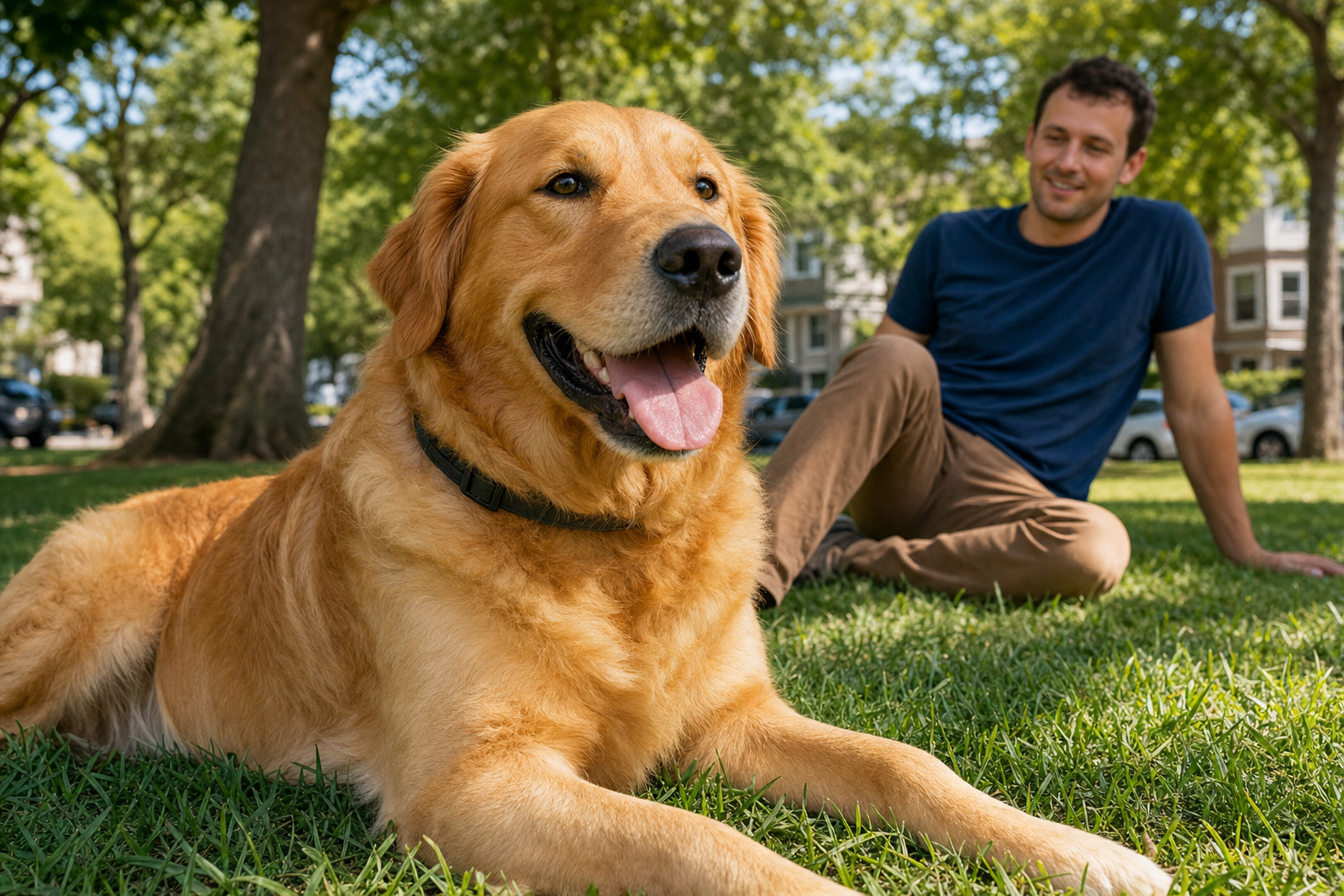Golden dog with a fitted collar lies happily on park grass while its owner sits nearby on a sunny day