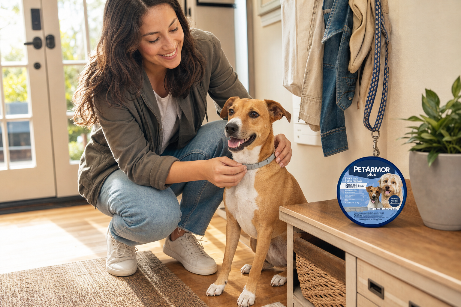 Woman crouches in a sunny entryway fastening a flea and tick collar on a tan and white dog before a walk