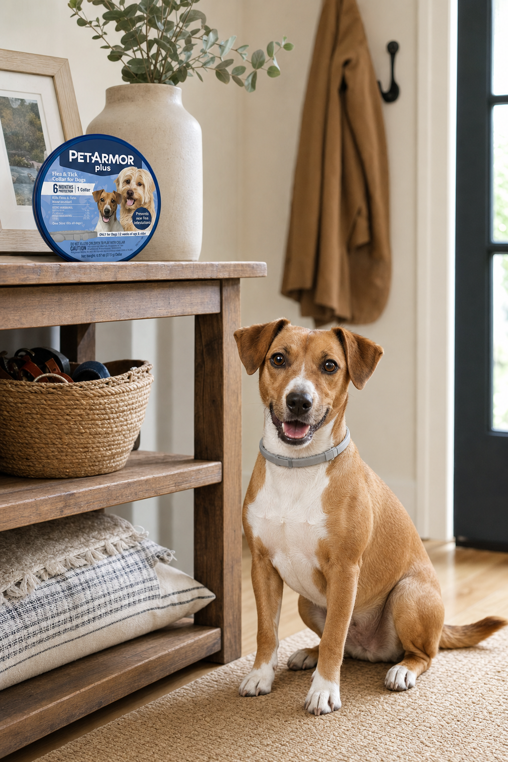 Small tan and white dog sits calmly by a wooden entryway console with a PetArmor Plus flea and tick collar box, wearing