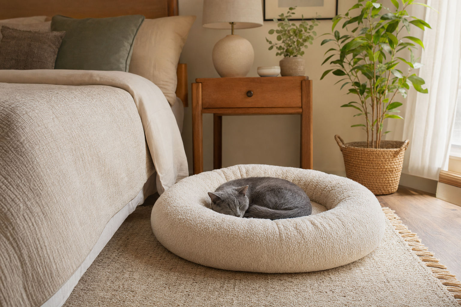 A gray cat curled up asleep in a round cream pet bed on a rug beside a neatly made bed in a sunlit bedroom