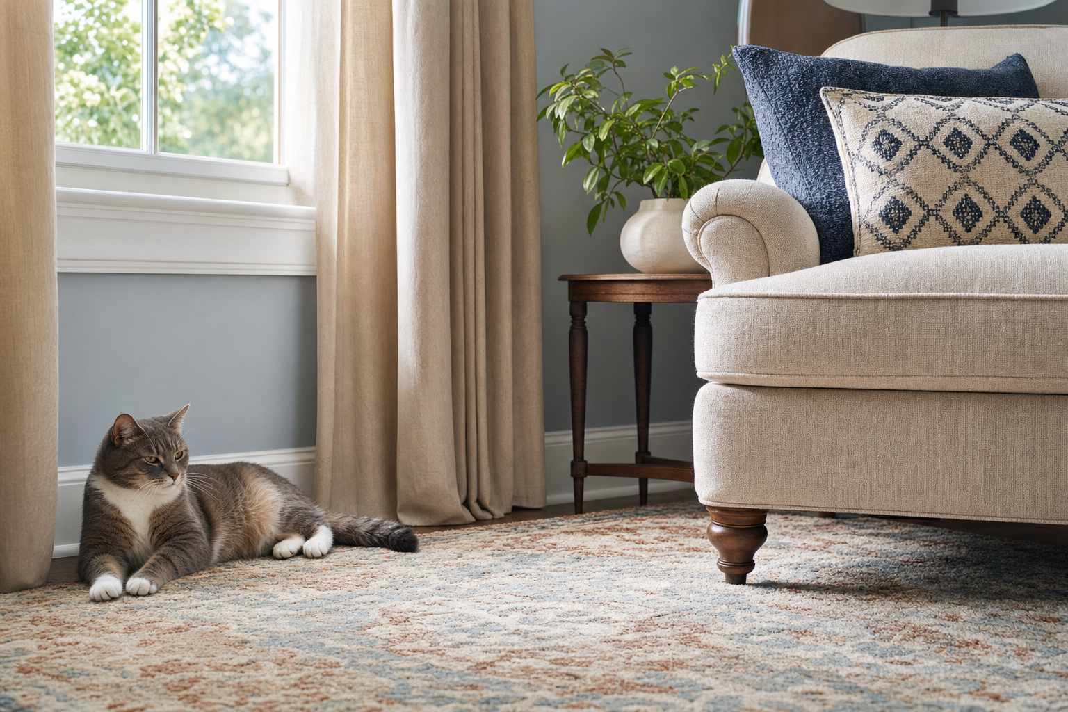 A gray tabby cat rests calmly on a patterned area rug near floor-length curtains and a beige upholstered armchair in sof
