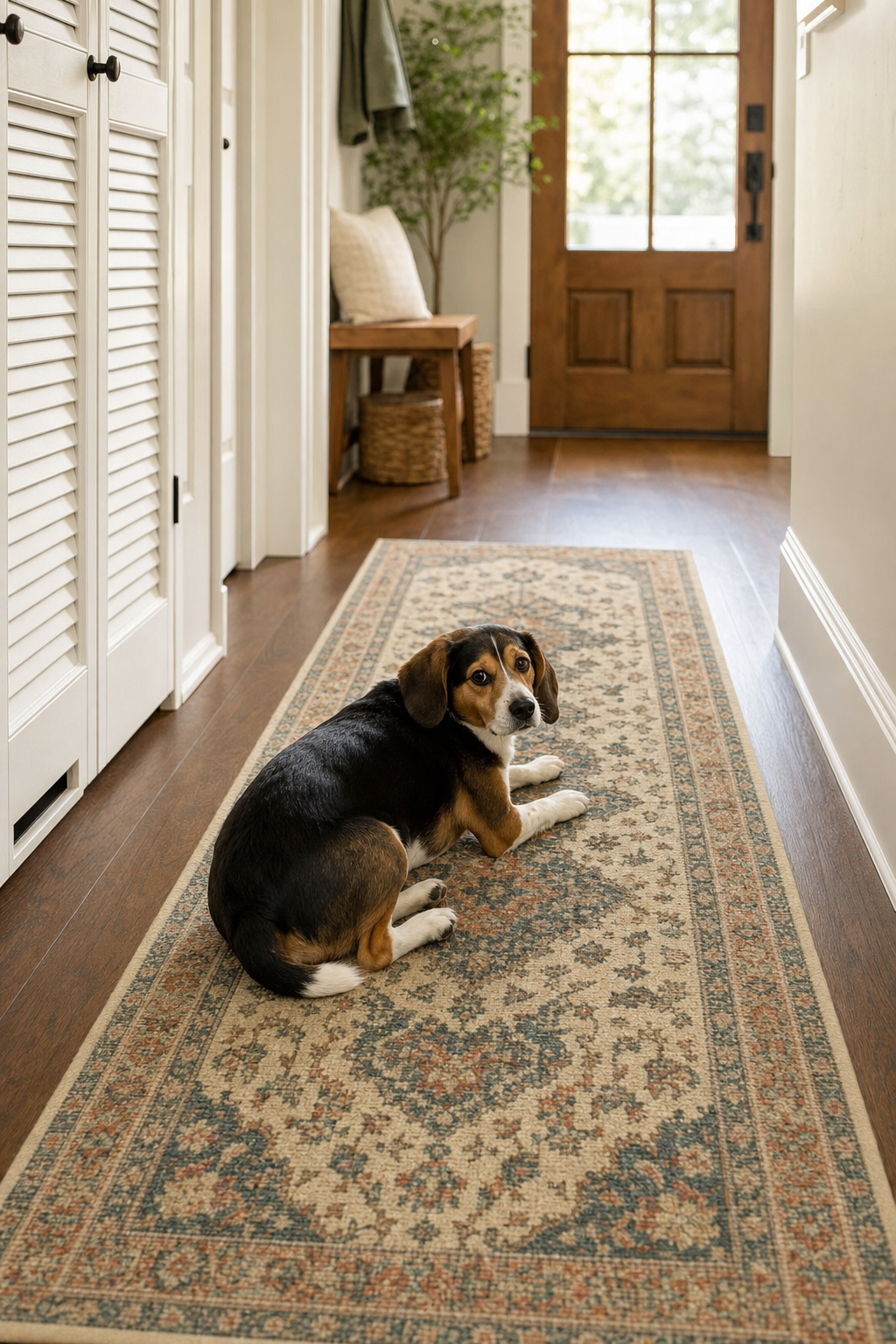 Tricolor dog resting on a patterned runner rug in a bright hardwood hallway near closet doors