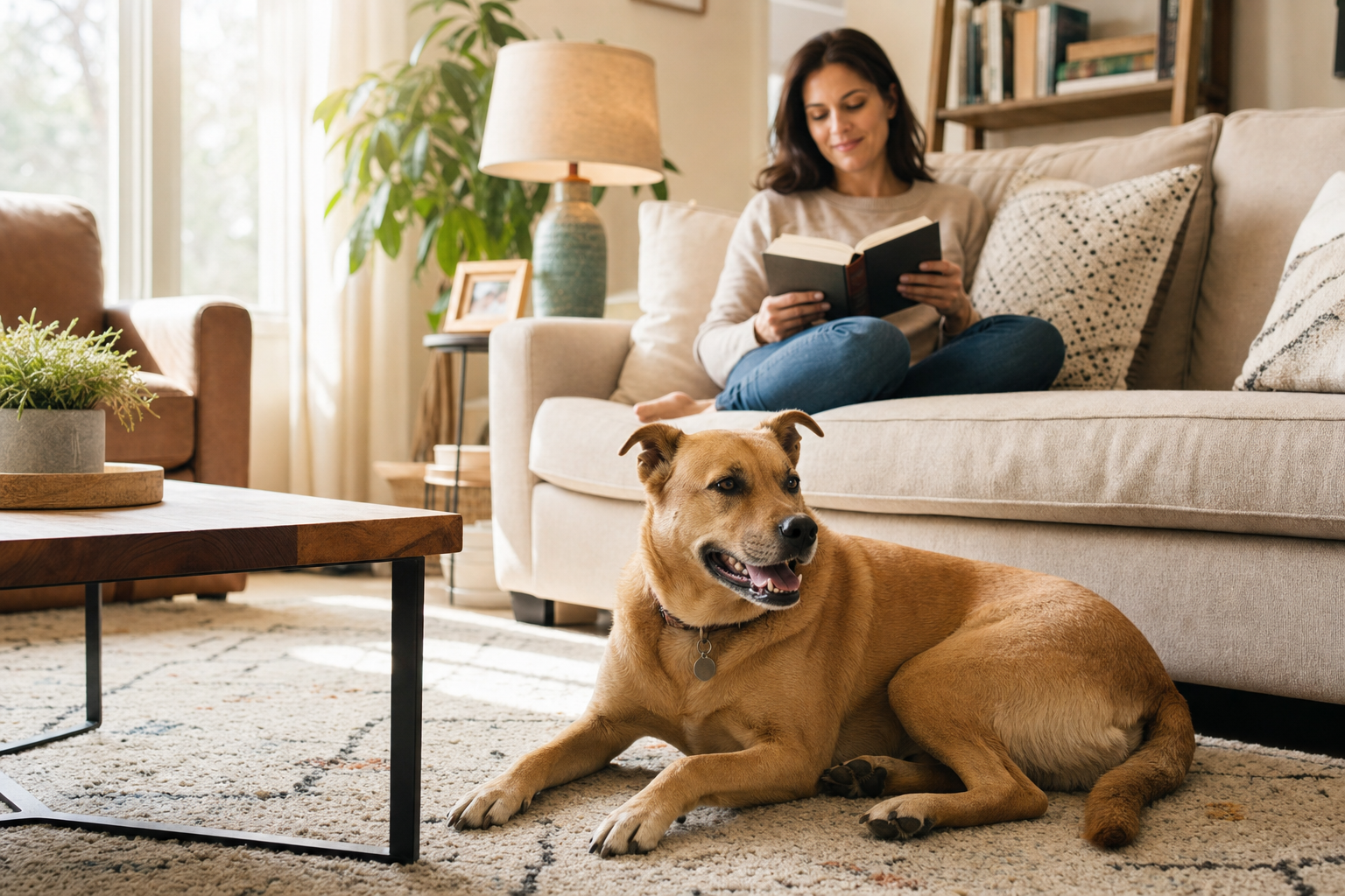 Tan dog lying contentedly on a patterned rug while a woman reads a book on a sofa in a sunlit living room