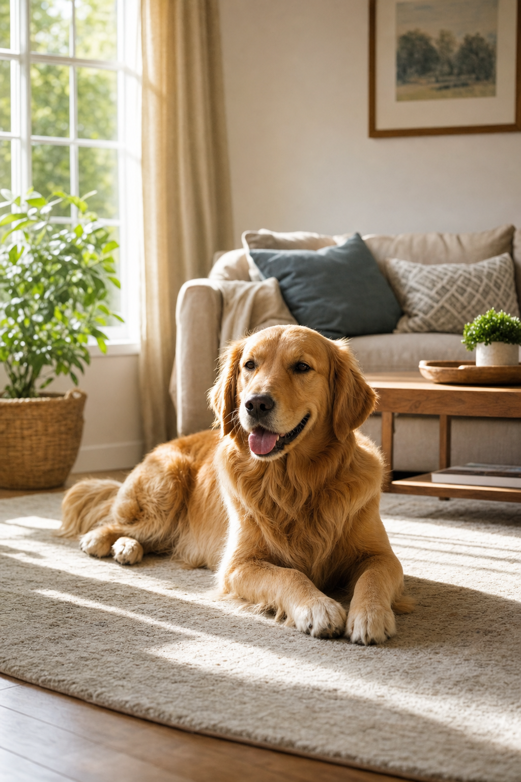 Golden retriever lying relaxed on a rug in a sunlit living room with a couch and potted plants
