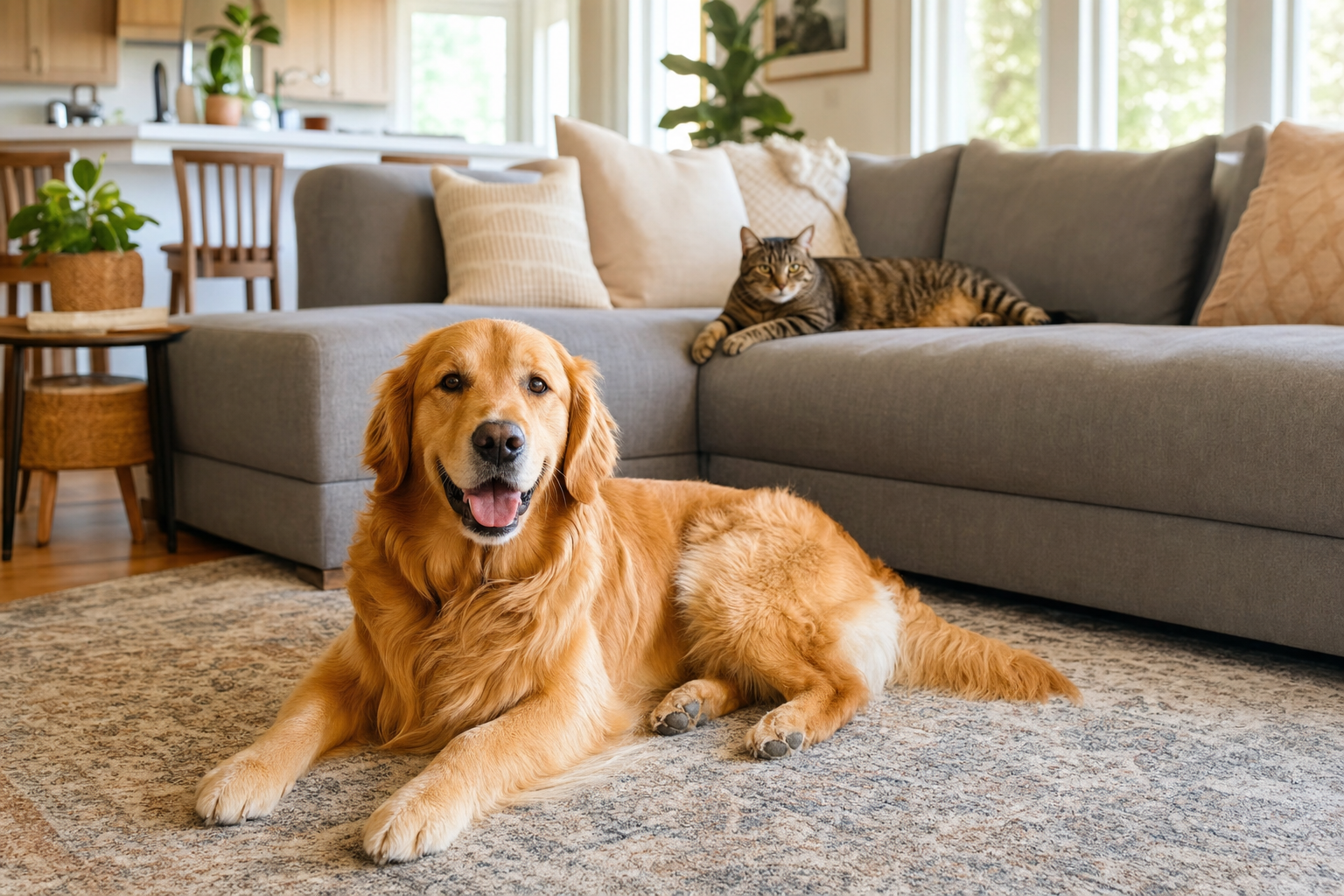 Golden retriever resting on a living room rug while a tabby cat lounges on the sofa behind it in bright daylight