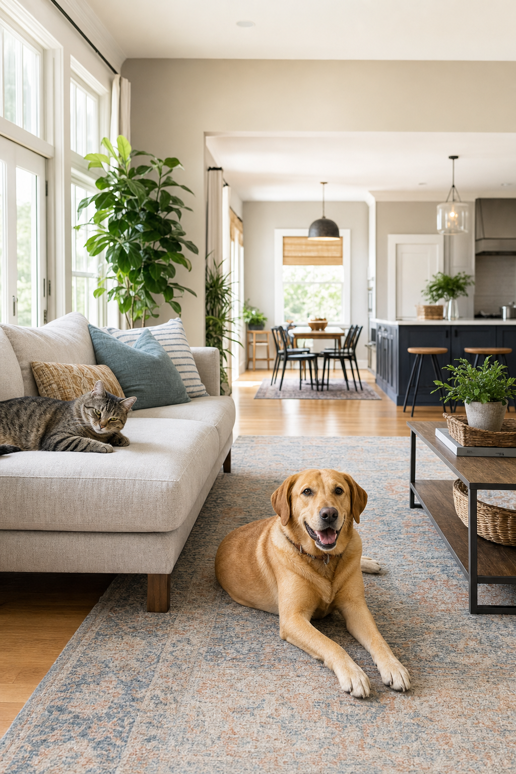A golden dog lies on a rug in a bright open living room while a tabby cat lounges on the sofa, with kitchen and dining a