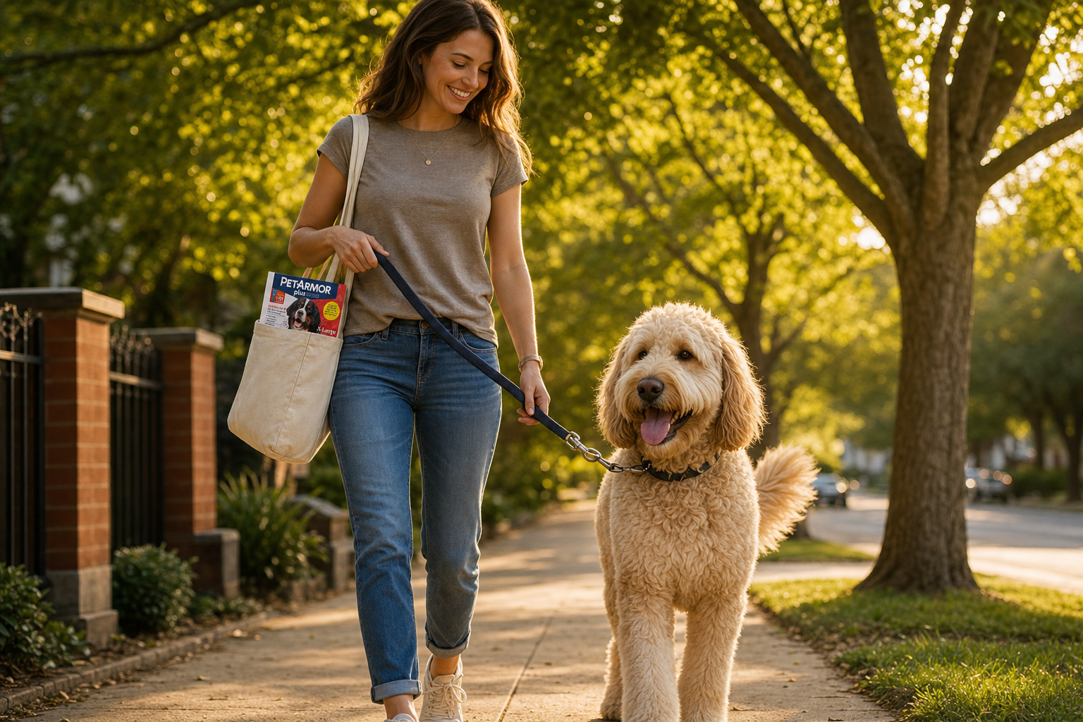 Woman smiles while walking a large curly-coated dog on a tree-lined sidewalk at golden hour, PetArmor Plus box visible i