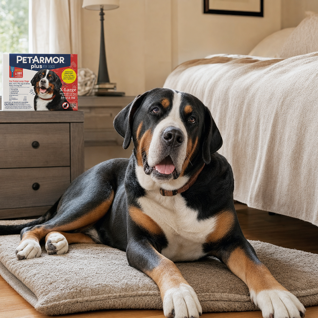 Large tri-color dog relaxing on a cushion in a sunny bedroom, with a PetArmor Plus carton on the nightstand behind it