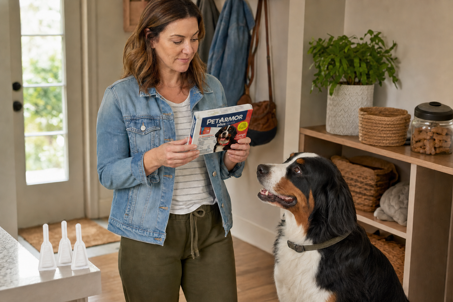 Woman in a denim jacket reads a PetArmor Plus Large dog carton in a mudroom while her large tricolor dog waits beside he