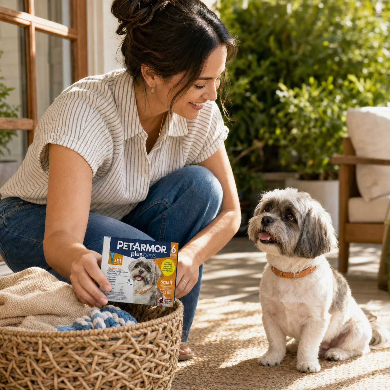 Woman crouches on a sunny patio, picking a PetArmor Plus dog supply box from a basket beside an attentive small terrier