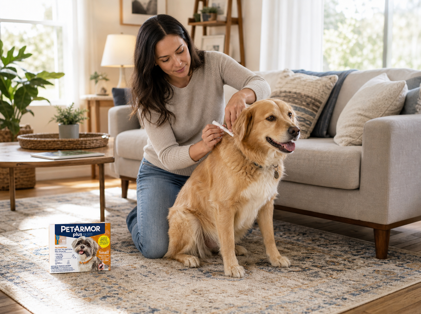 Woman kneeling on a living room rug applies a PetArmor Plus flea and tick topical between the shoulder blades of a calm golden retriever mix, wider view of the room with a PetArmor Plus carton nearby