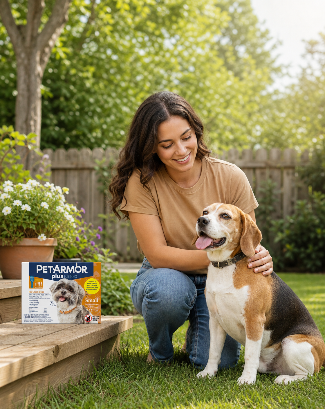 Woman in tan shirt smiles while petting a happy beagle in a sunny backyard, PetArmor Plus box resting on a wooden step b
