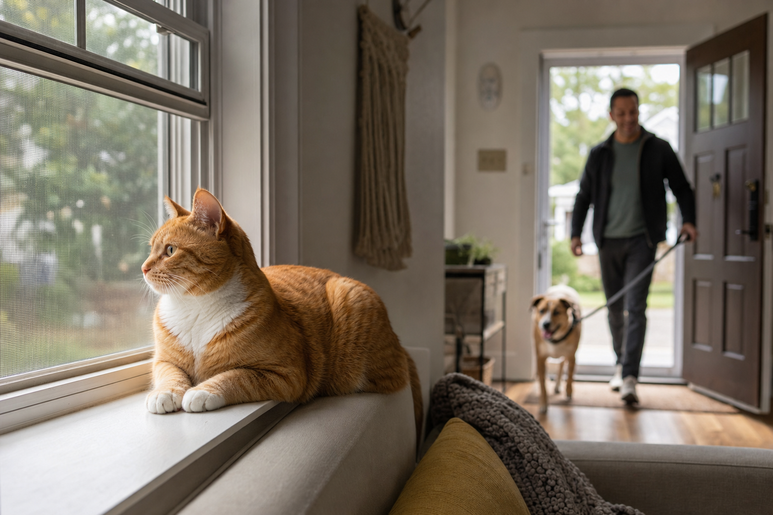 Orange tabby cat with white chest sits on a windowsill by a screened window while a man leads a dog in the front door be