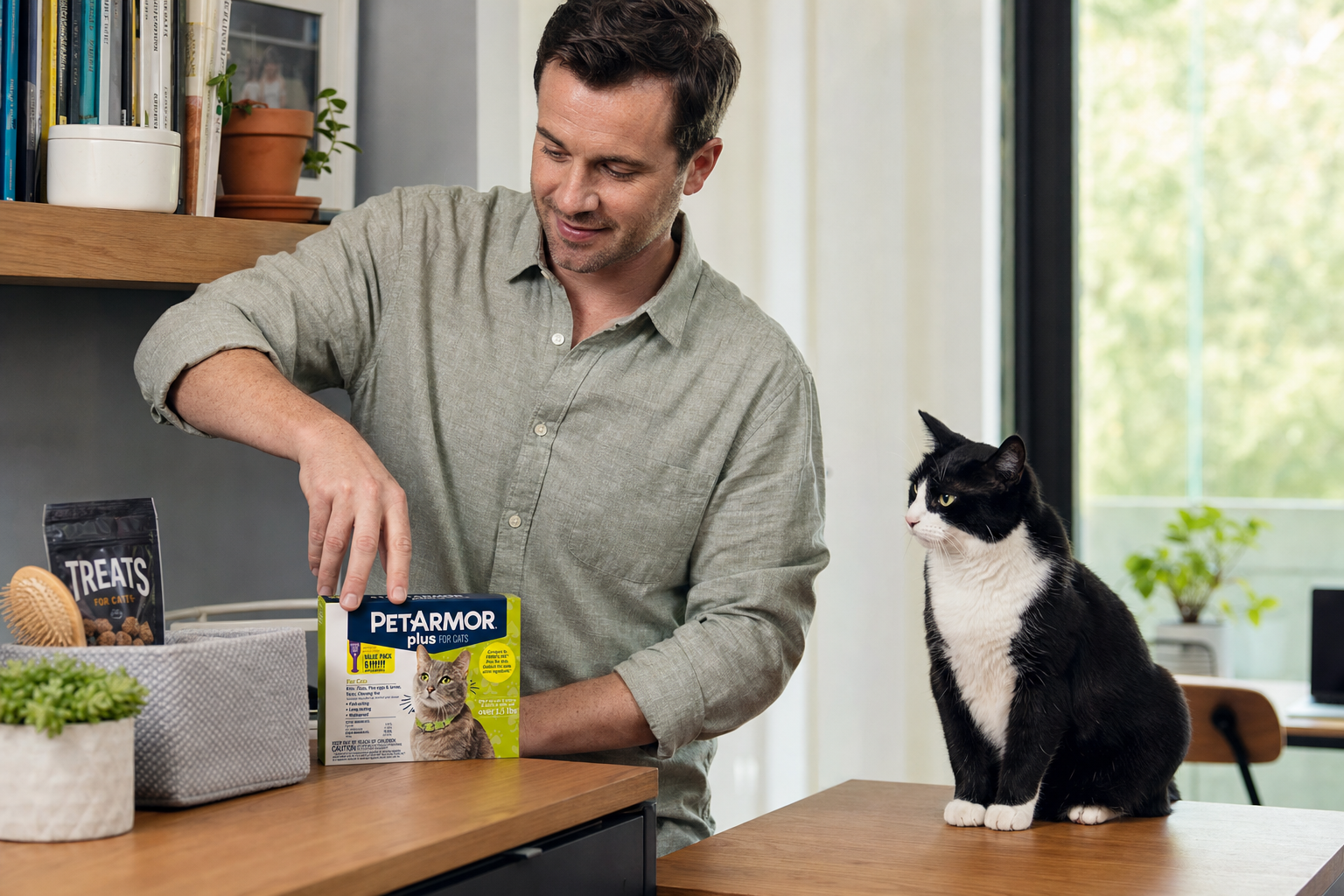 Man in a casual shirt sets a PetArmor Plus for Cats box on a counter with treats and a brush as a tuxedo cat watches nea