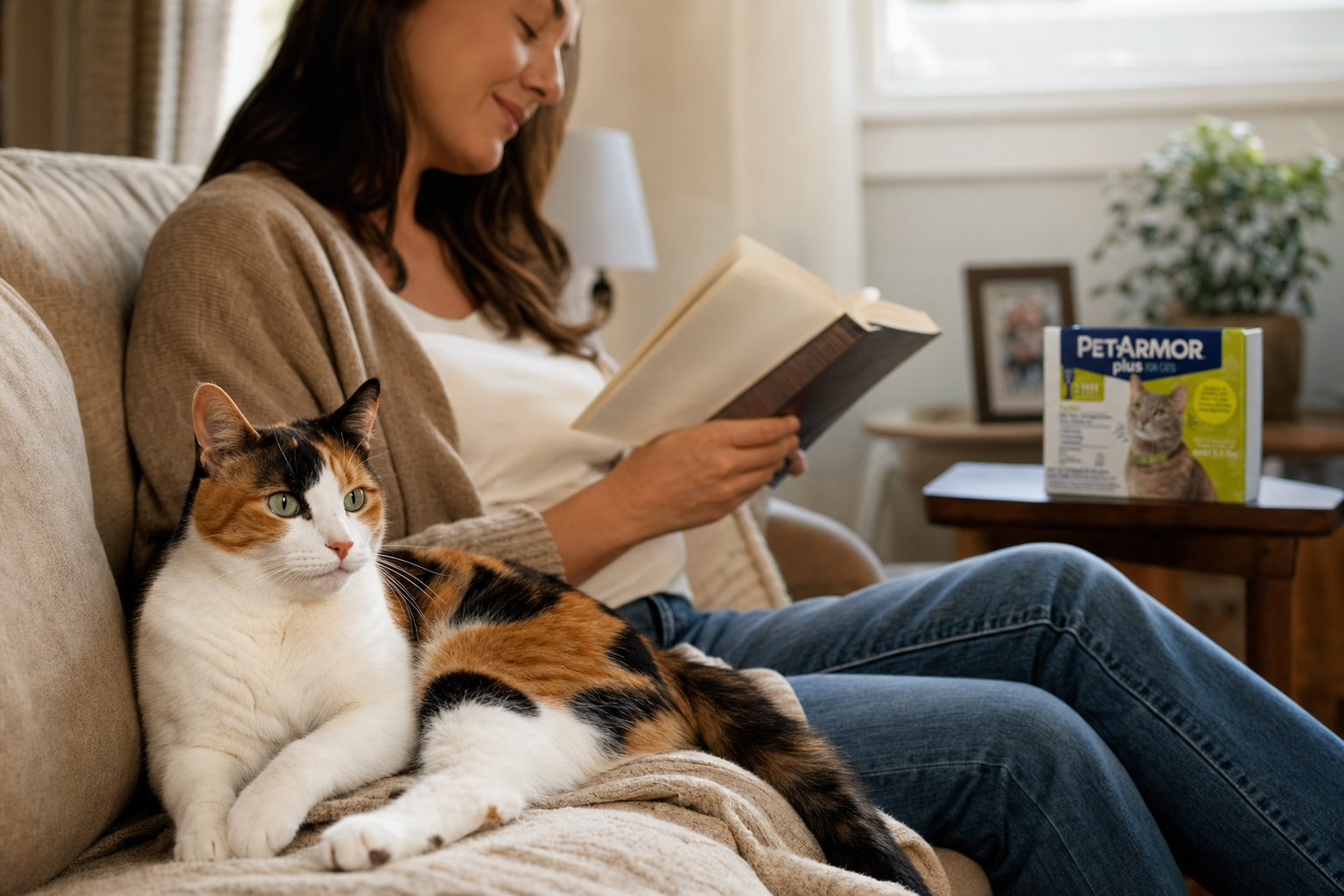 Calico cat relaxes on a sunlit sofa beside a woman reading a book, with a PetArmor Plus box softly visible on a side tab