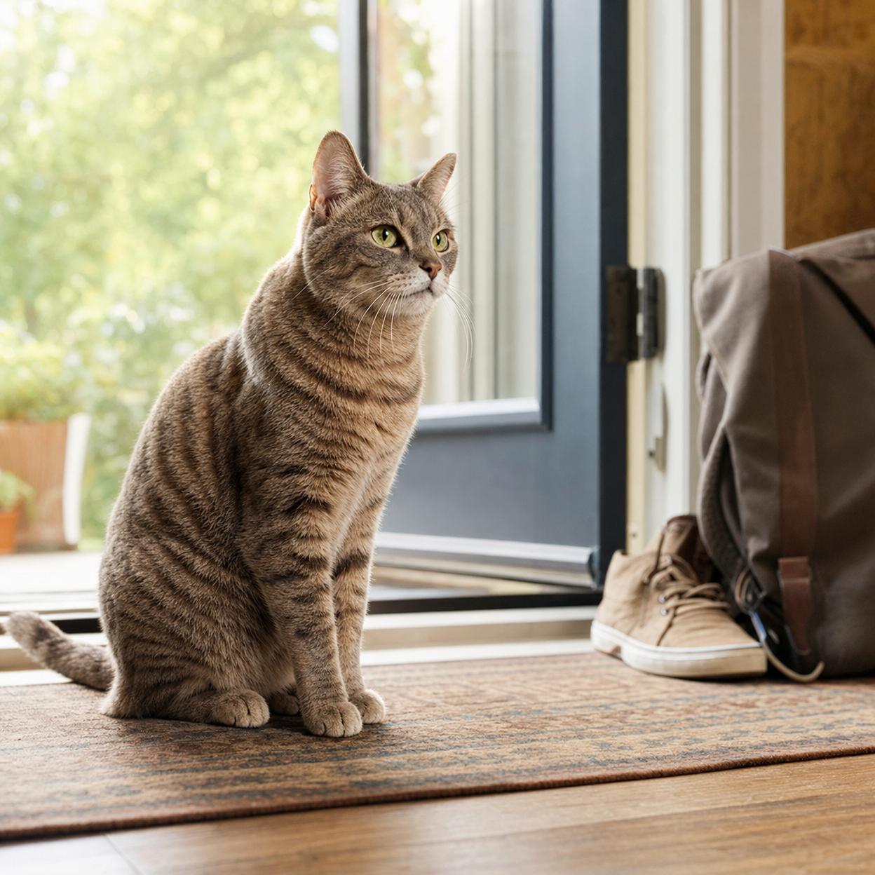 Brown tabby cat sits alertly on a rug by an open front door, with shoes and a bag set down nearby