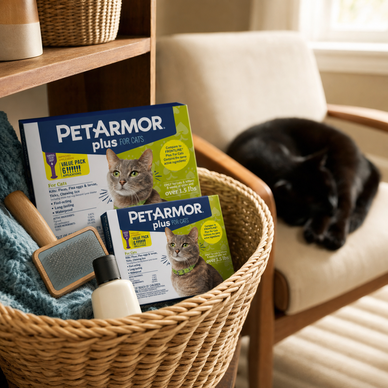 Wicker basket with PetArmor Plus for Cats boxes, a brush and towel, black cat sleeping softly blurred on a chair behind
