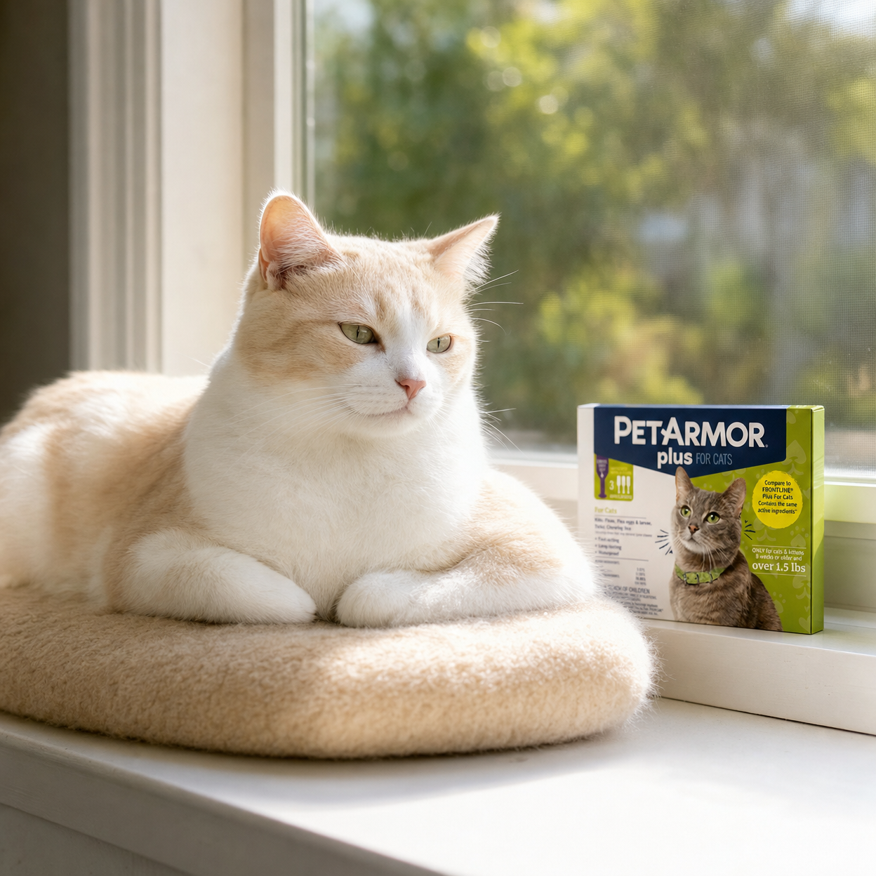 Cream and white bicolor cat relaxing on a sunlit windowsill cushion beside a PetArmor Plus for Cats box