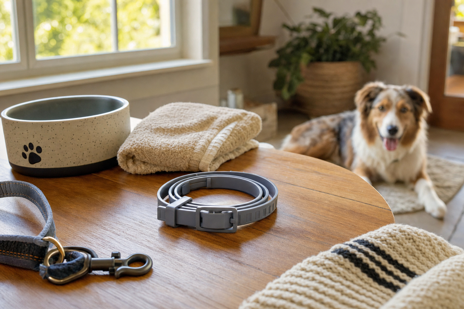 A gray adjustable dog collar coils on a wooden table beside a leash, bowl, and towel, with a dog resting blurred in the