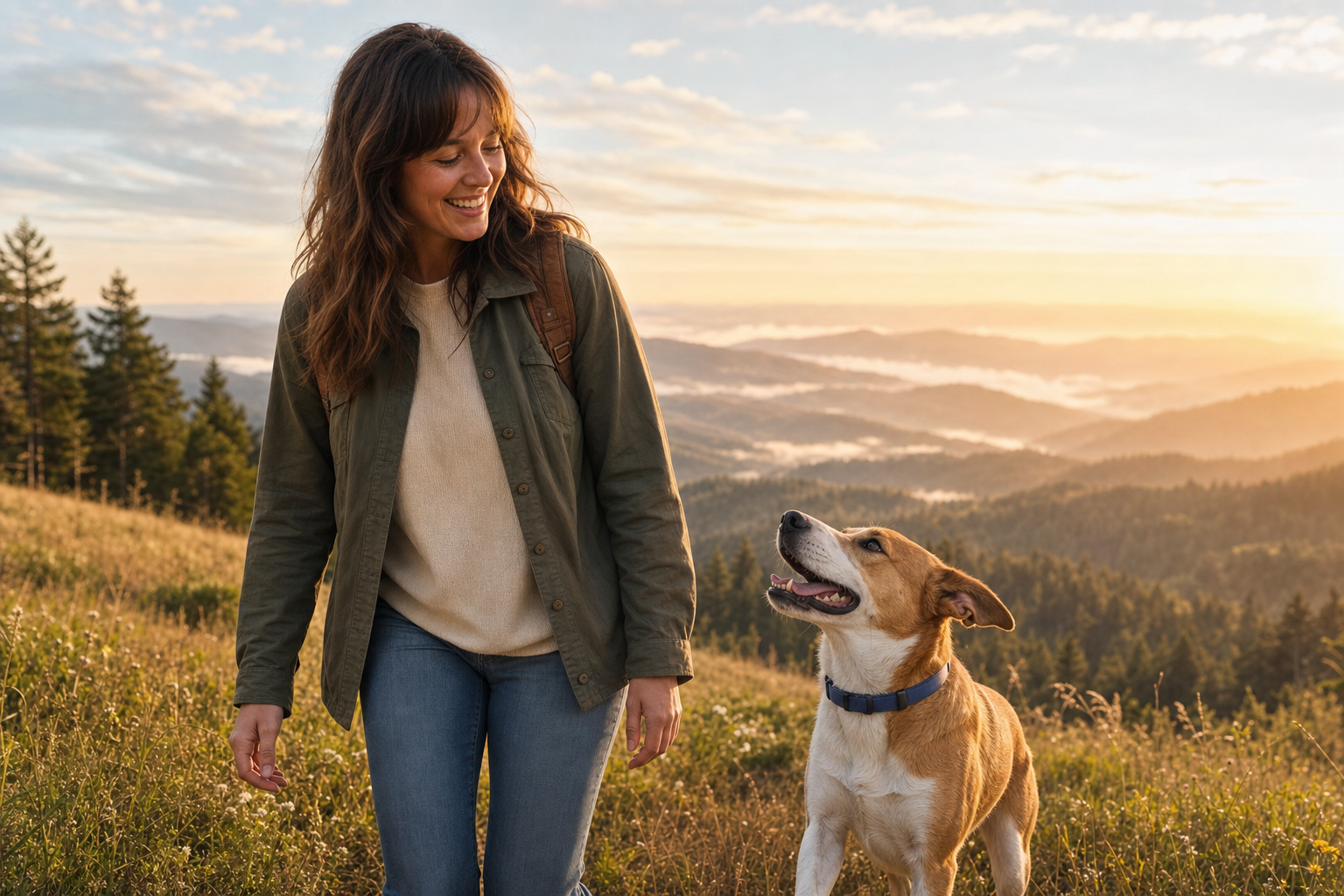 Woman in a green jacket smiles while walking a tan and white dog wearing a blue collar on a sunlit grassy hillside above