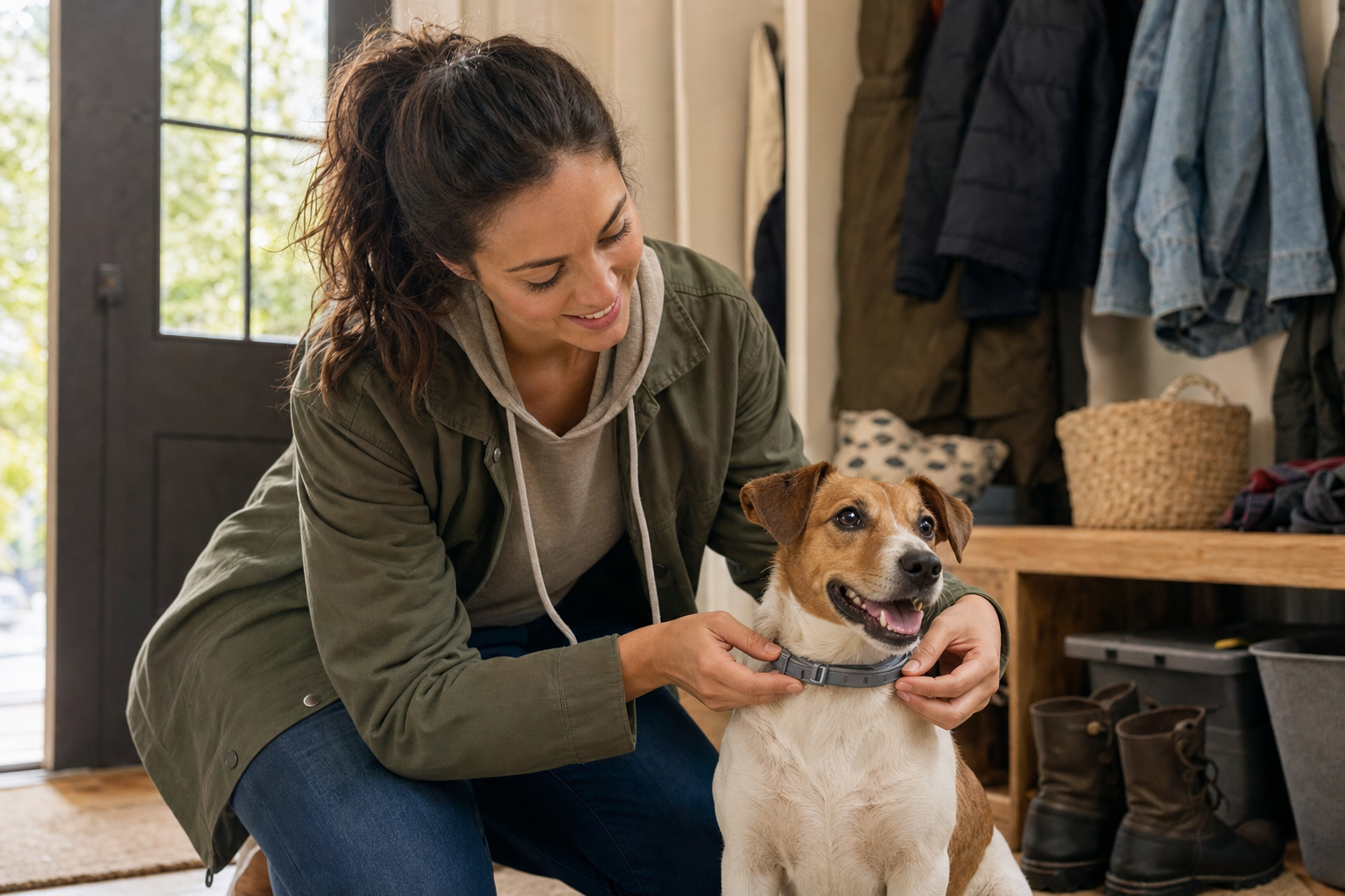 Woman kneeling in a sunlit mudroom fastens an adjustable collar around her small terrier's neck near the buckle