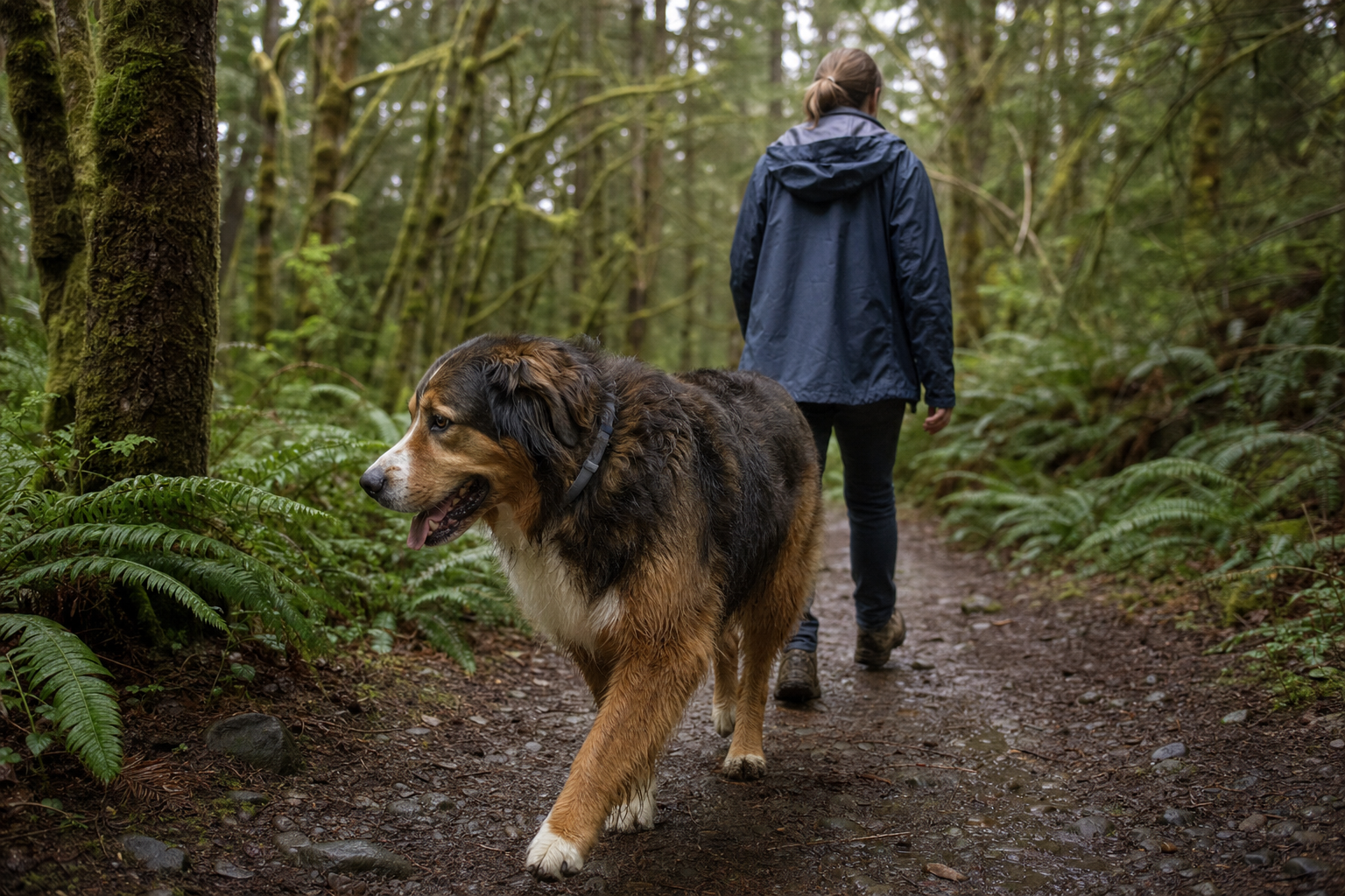 Large shaggy tricolor dog wearing a collar walks a muddy fern-lined forest trail beside its owner in a rain jacket