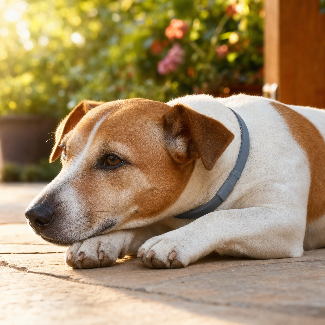 Tan and white dog lying contentedly on a sunny patio, chin on paws, wearing a gray adjustable collar