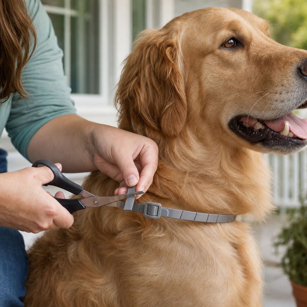 Hands trim excess strap of a buckled gray adjustable collar on a golden retriever's neck on a sunny porch