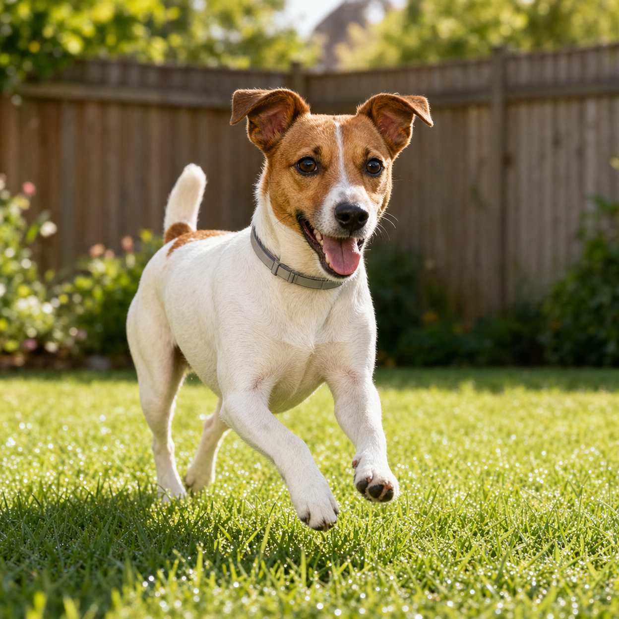 Small terrier wearing a collar leaps energetically through dewy grass in a sunny fenced backyard